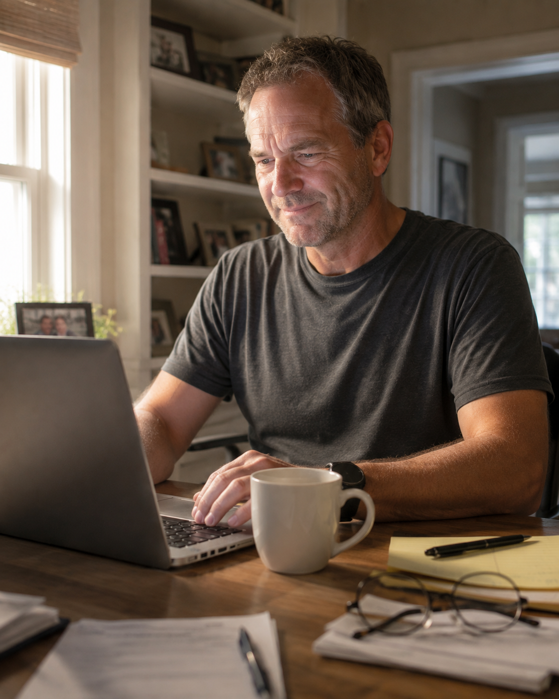 Man working comfortably at his laptop in a bright home office