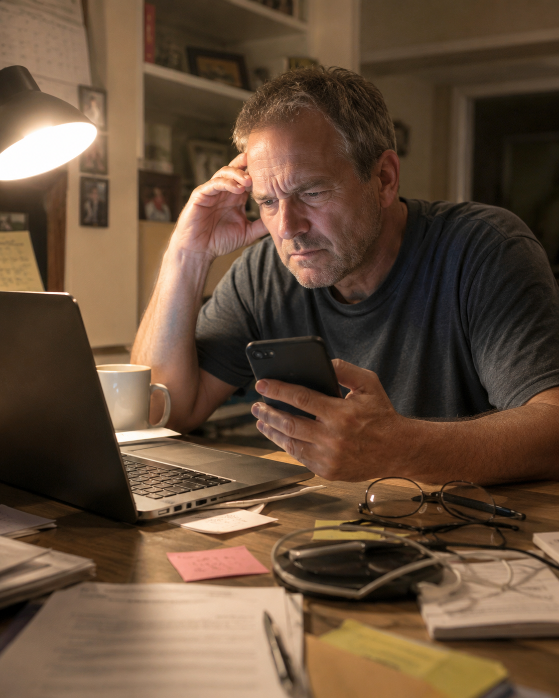 Man leaning toward his laptop and phone at a cluttered desk at night